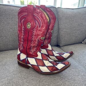 White Diamonds Men 8 Cowboy Boot Ostrich Pointed USA Red White Blue Argyle Joker